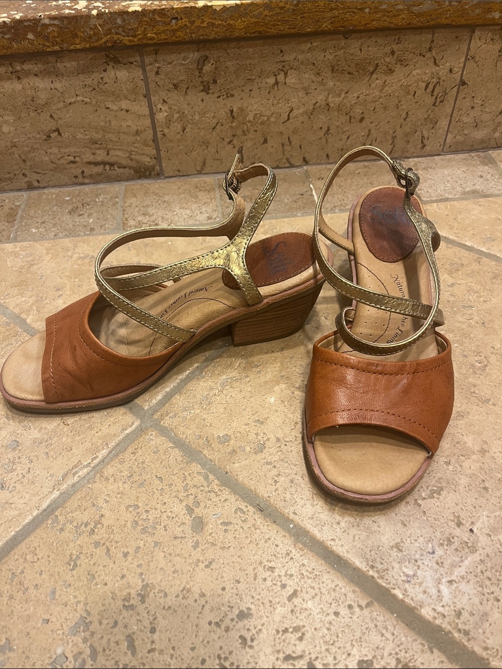 Women's Brown Tan Leather Block Heel Sandals with Gold Straps